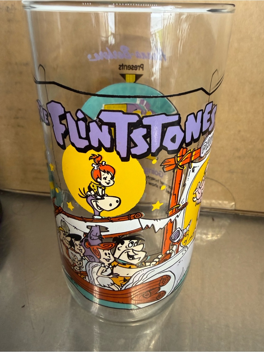 Vintage The Flintstones Cartoon Glass - Purple & Yellow Graphics